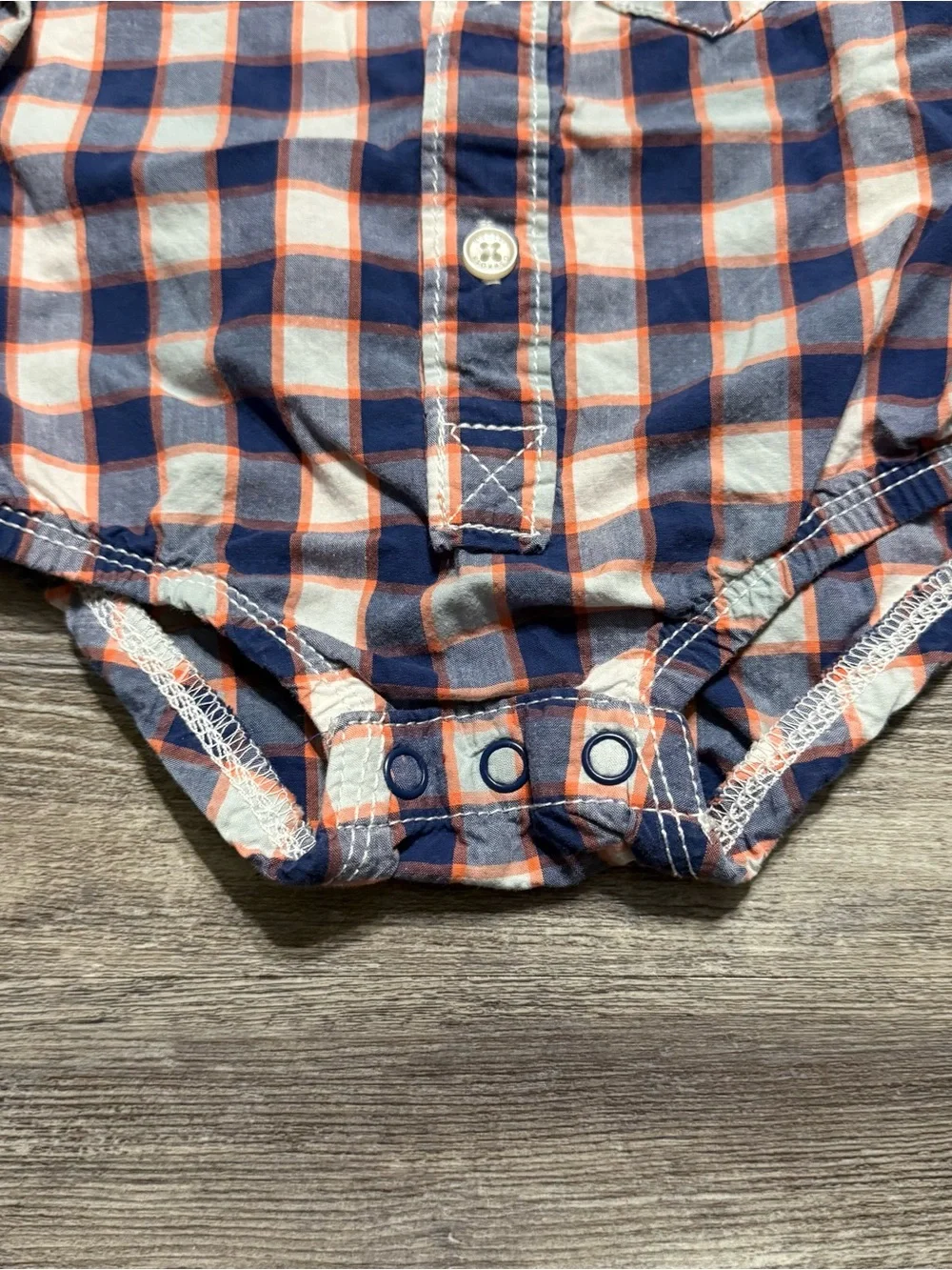 Baby B'gosh Plaid Button Up Bodysuit 6M Navy Blue Orange Snap Bottom